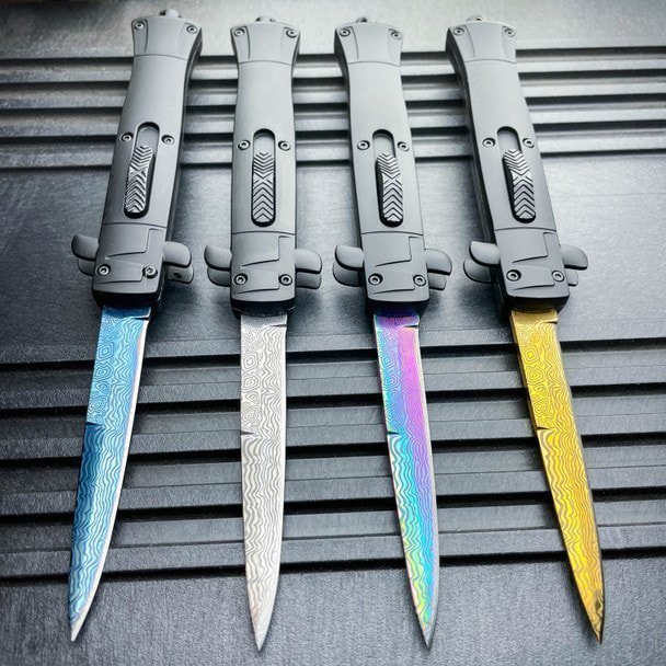 9 pollici Auto coltello Italian Stiletto Style coltello OTF damascato Etch 1 9 pollici Auto coltello Italian Stiletto Style coltello OTF damascato Etch