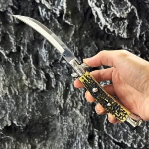 9 pollici Faux Deer Bone Curved lama coltello a scatto Stiletto coltello a scatto